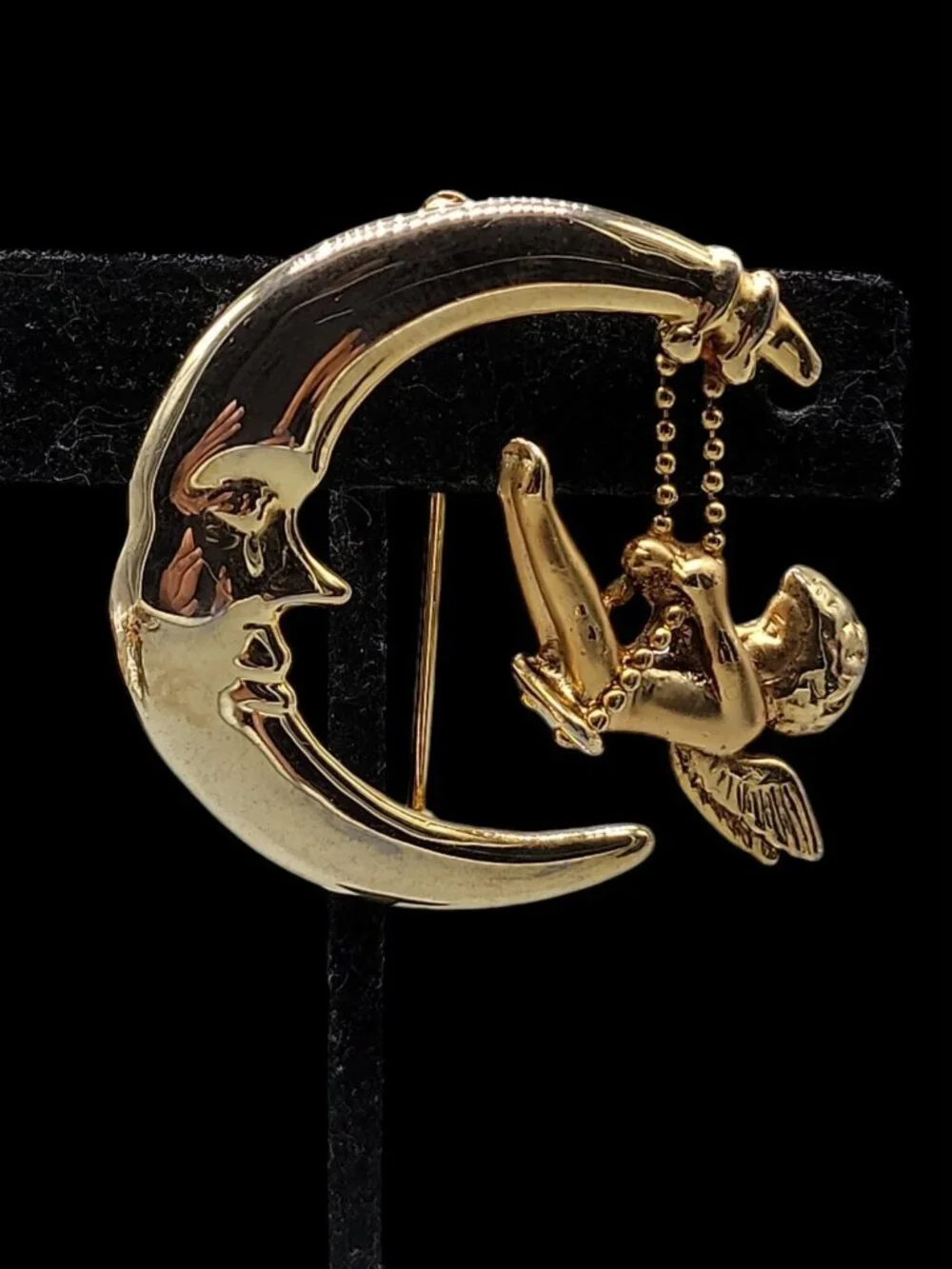 Vintage Danecraft Man on the Moon Brooch Cherub Angel Swinging Gold Tone